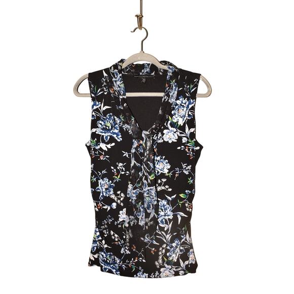 WHITE‎ HOUSE BLACK MARKET $78 Black Floral Scarf Tie Neck Sleeveless Blouse M - Picture 1 of 4